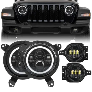 80W Halo Headlights with DRL and Turn Signal Lights   Headlight Bracket & 4'' LED Fog Lights For 2018-2020 Jeep Wrangler JL/Jeep Gladiator JT Sport