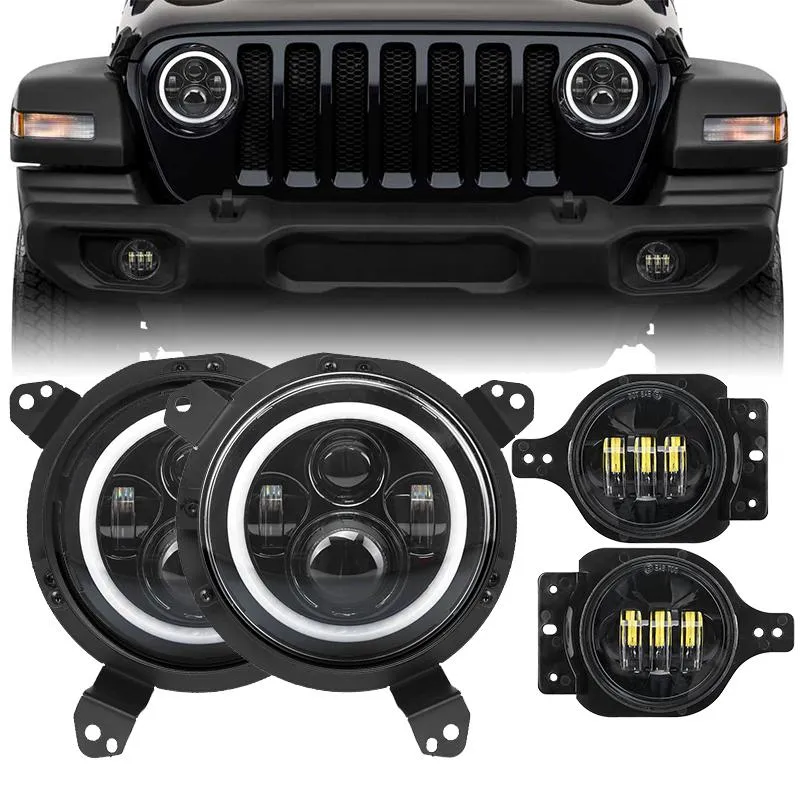 80W Halo Headlights with DRL and Turn Signal Lights   Headlight Bracket & 4'' LED Fog Lights For 2018-2020 Jeep Wrangler JL/Jeep Gladiator JT Sport