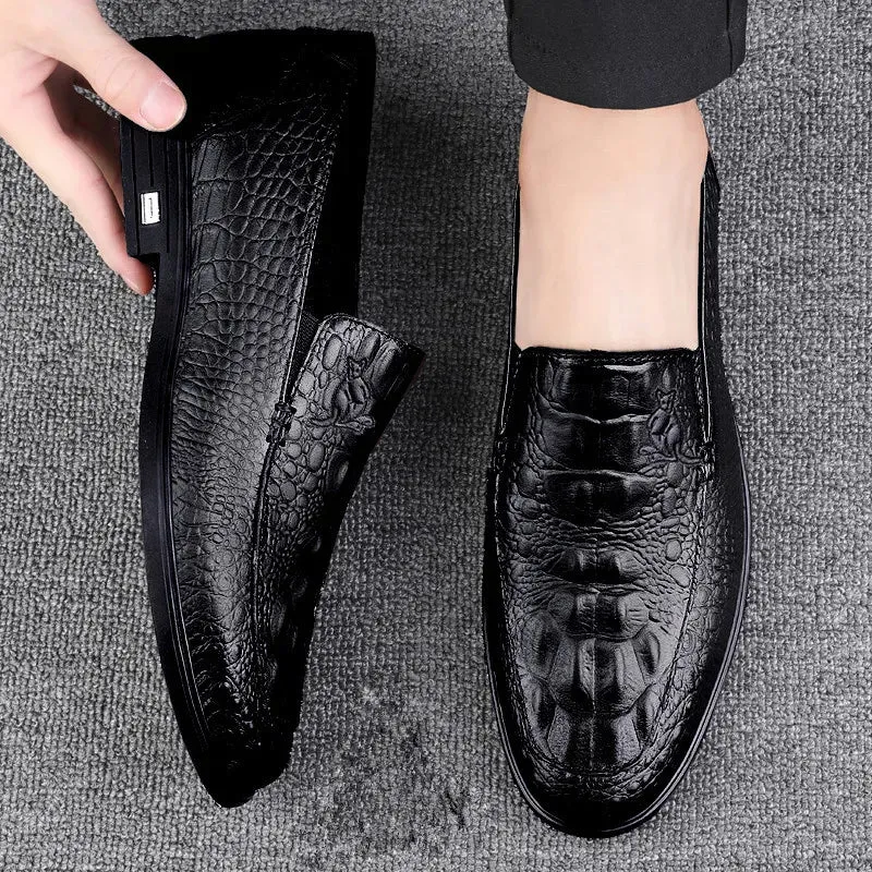 Aidase Men’s Casual Genuine Leather Shoes Brand Comfort Slip on Formal Business Loafers Men Crocodile Pattern Black Male Driving Shoes