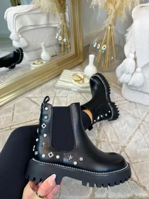 ARABELLA Faux Leather Stud Detail Ankle Boots- Black
