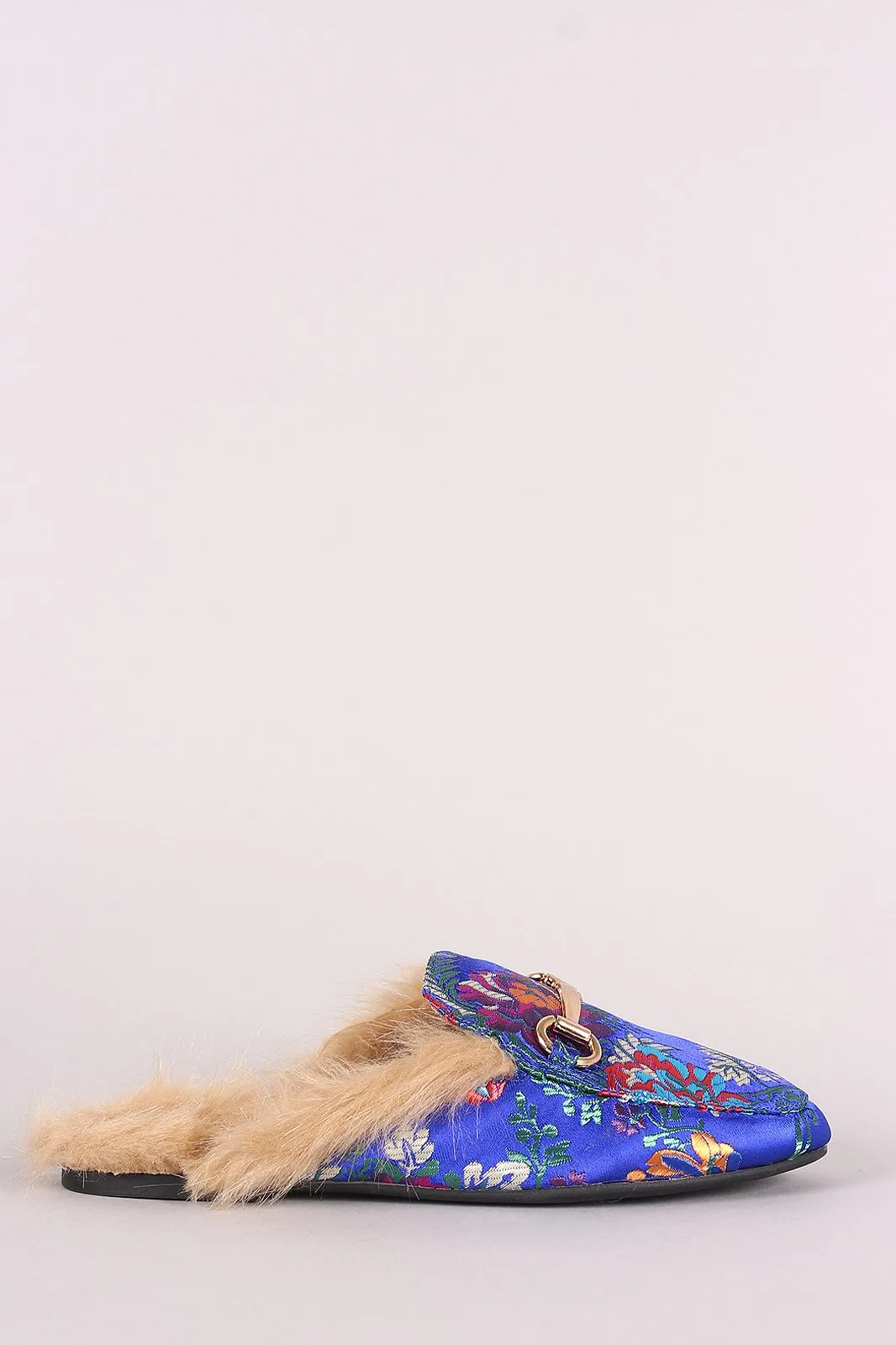 Bamboo Horsebit Ornament Floral Fur Lined Slide-On Mules
