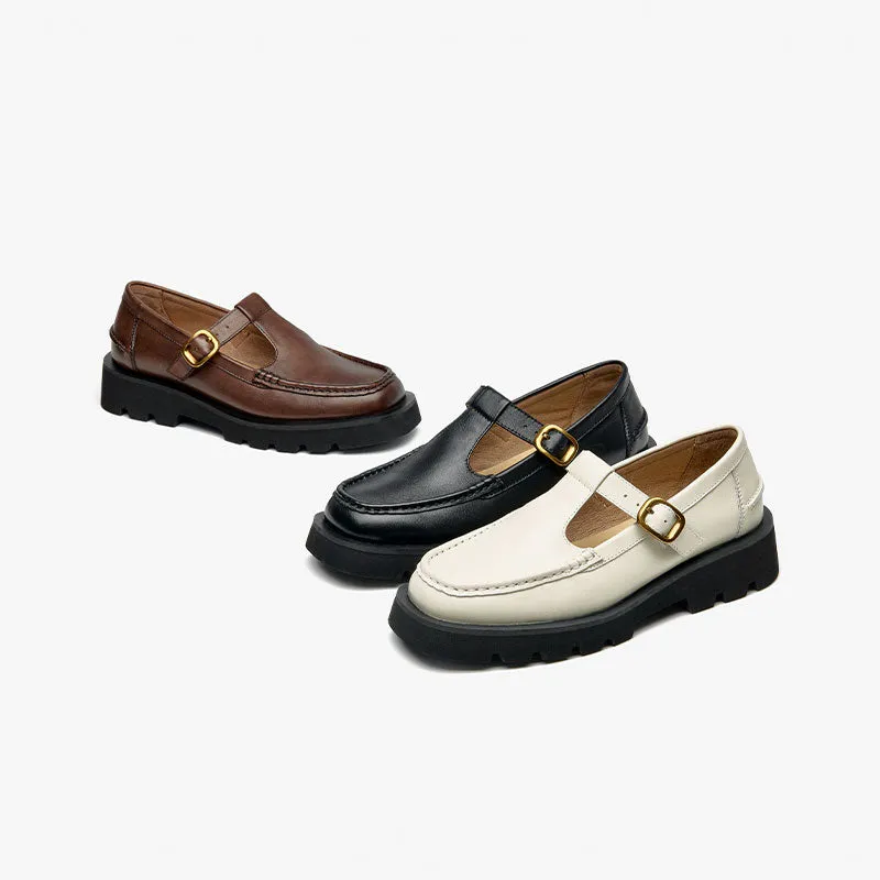 Beautoday Women Genuine Cow Leather T-strap Loafers with Buckle Decor