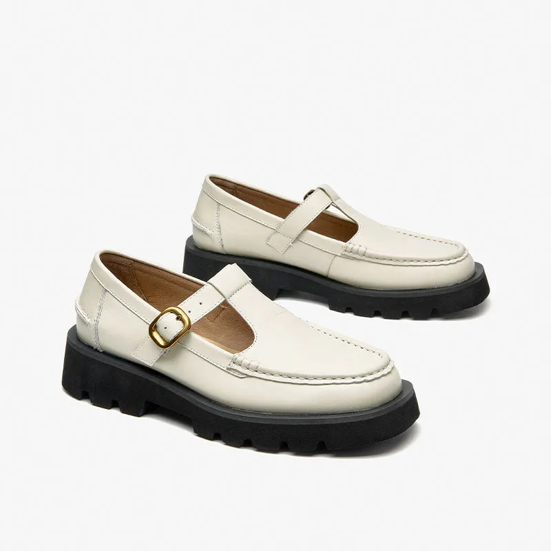 Beautoday Women Genuine Cow Leather T-strap Loafers with Buckle Decor