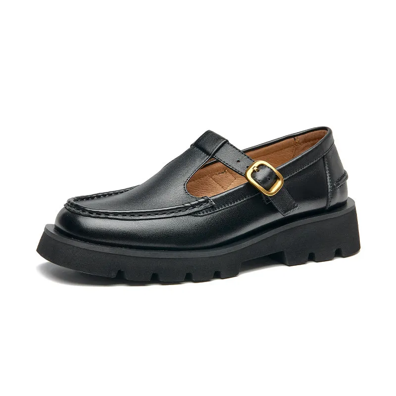 Beautoday Women Genuine Cow Leather T-strap Loafers with Buckle Decor