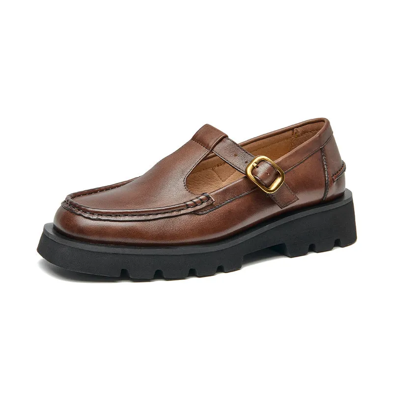 Beautoday Women Genuine Cow Leather T-strap Loafers with Buckle Decor