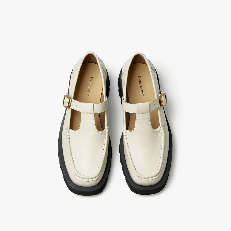 Beautoday Women Genuine Cow Leather T-strap Loafers with Buckle Decor