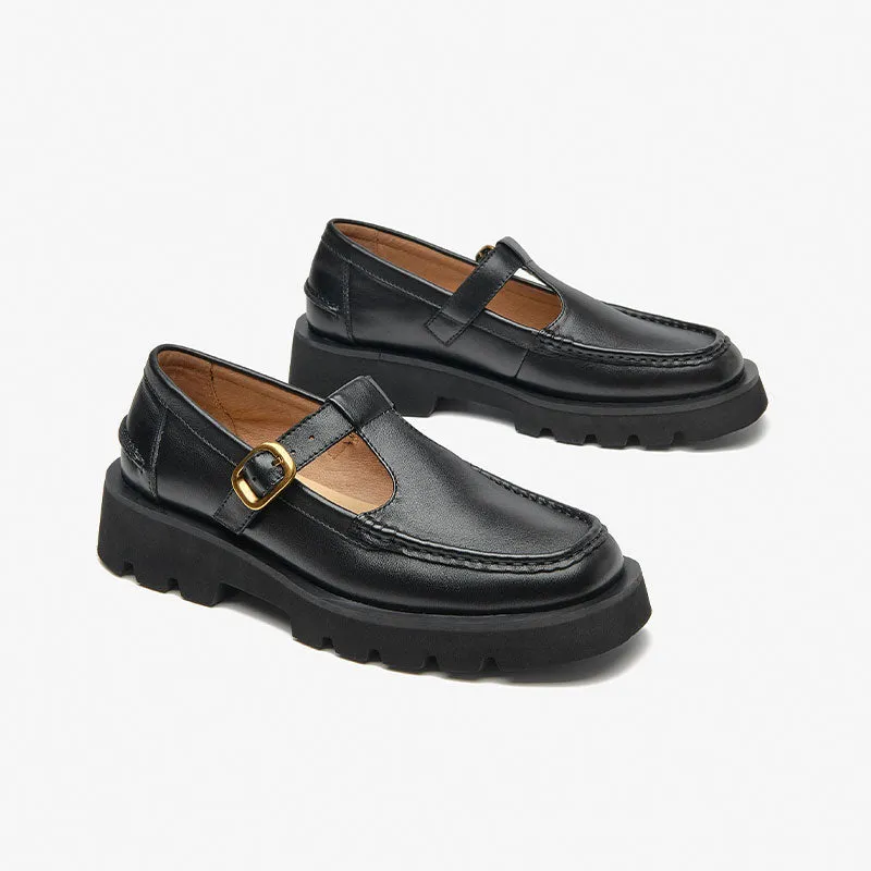 Beautoday Women Genuine Cow Leather T-strap Loafers with Buckle Decor