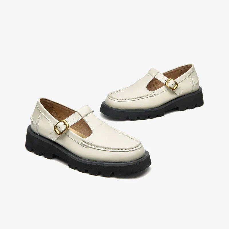 Beautoday Women Genuine Cow Leather T-strap Loafers with Buckle Decor