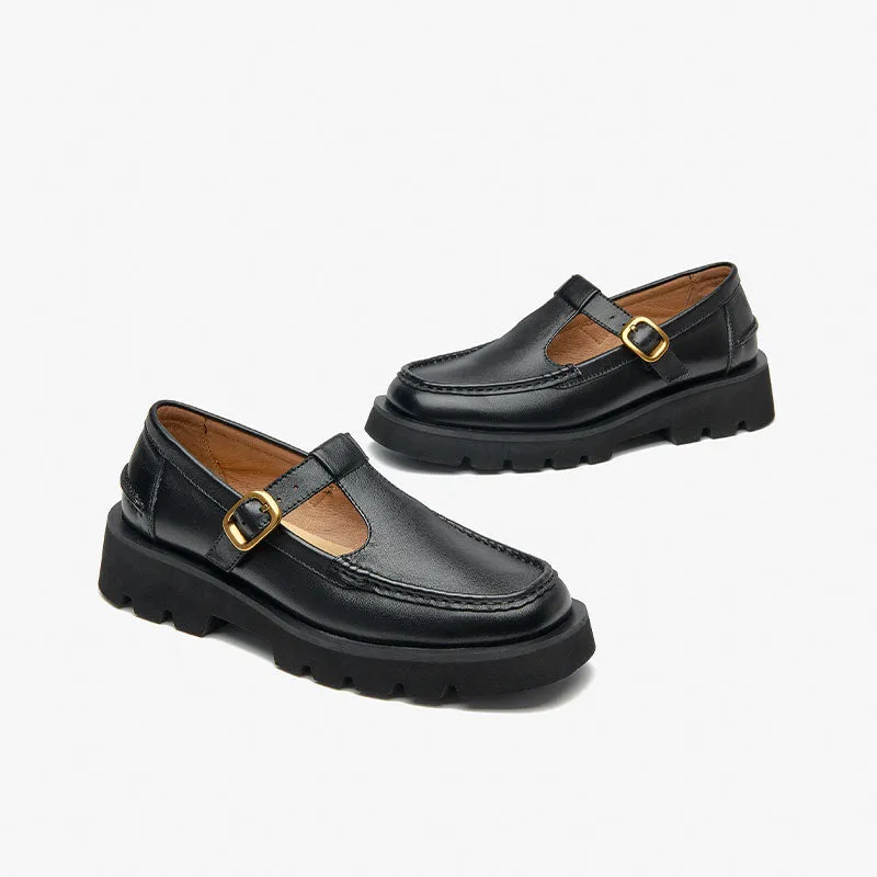 Beautoday Women Genuine Cow Leather T-strap Loafers with Buckle Decor
