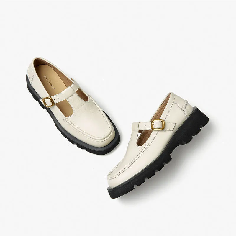 Beautoday Women Genuine Cow Leather T-strap Loafers with Buckle Decor