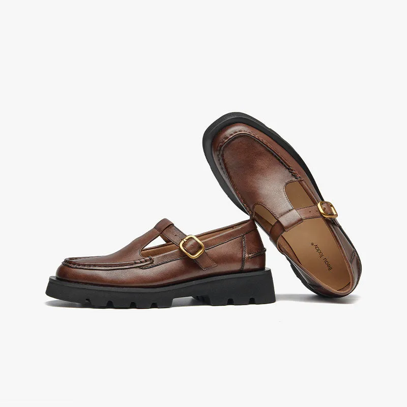 Beautoday Women Genuine Cow Leather T-strap Loafers with Buckle Decor