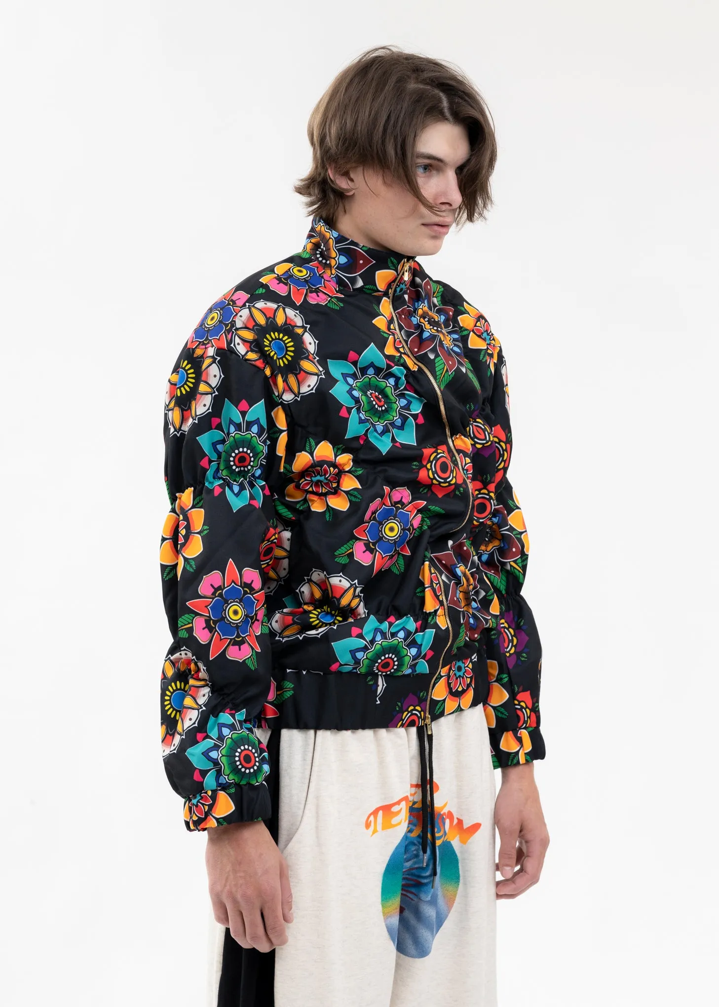BLACK FLOWER PATTERN TRACK TOPS