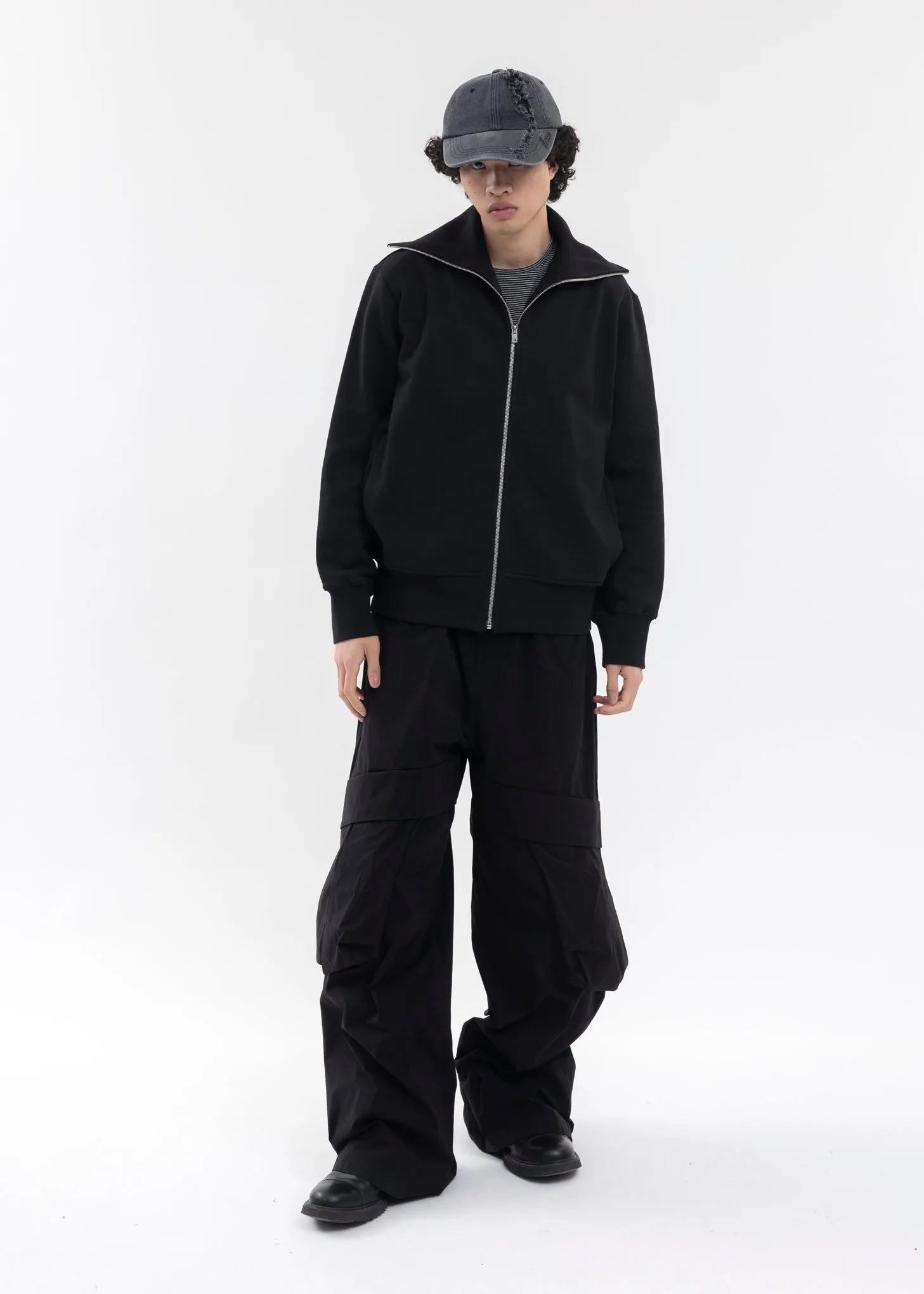 BLACK HIGH-NECK ZIP UP JERSEY JACKET