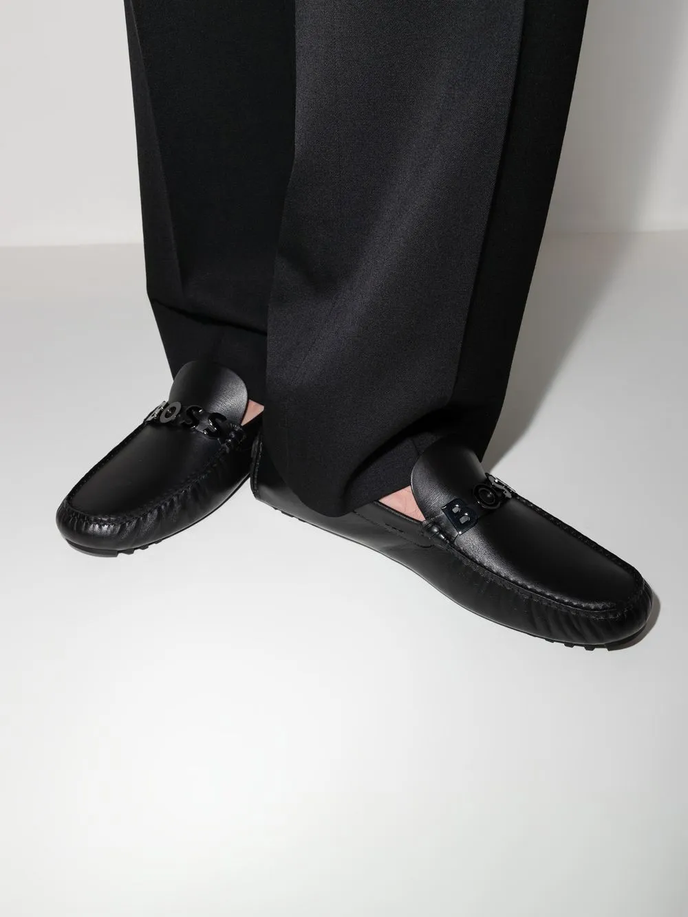 BOSS Logo-plaque Leather Boat Shoes Black