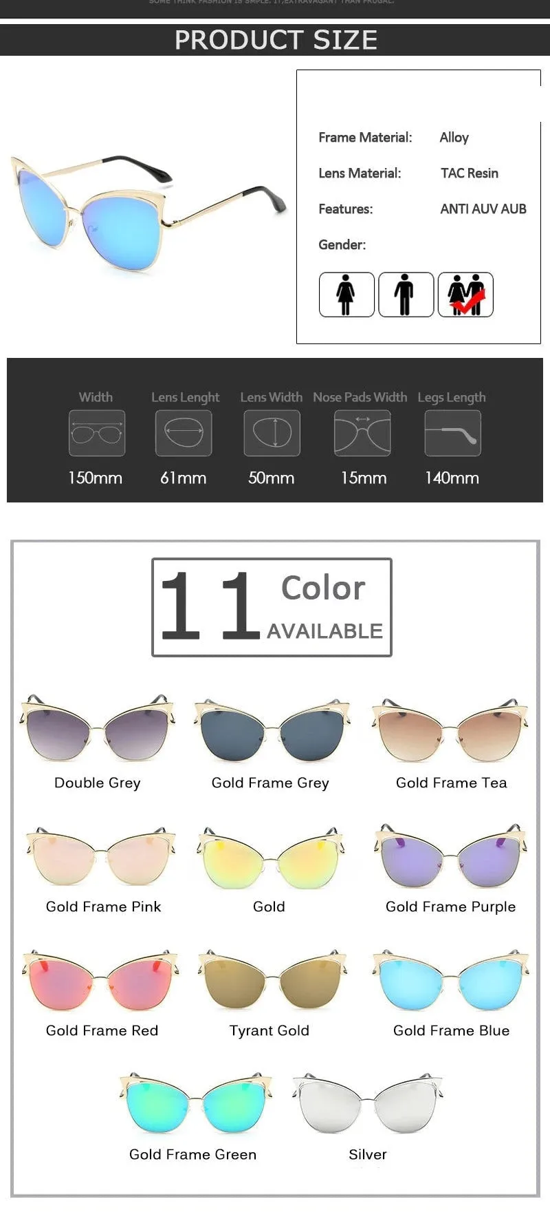 Cateye Flat Pantos Shape Rose Gold Metal Frame Unisex Sunglasses