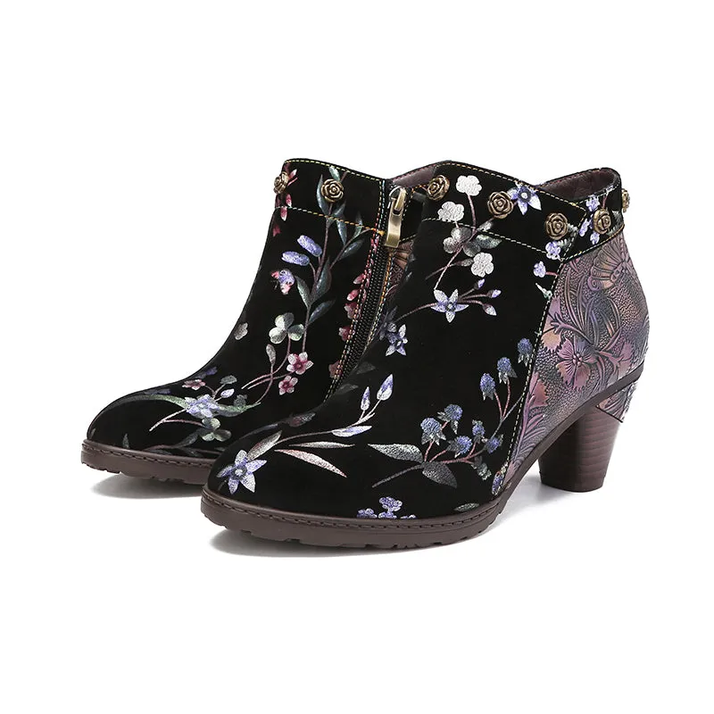 CrazycatZ Womens  Boots Floral Block Heel Leather Western Boots Colorful Leather Boots 23-C