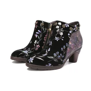 CrazycatZ Womens  Boots Floral Block Heel Leather Western Boots Colorful Leather Boots 23-C