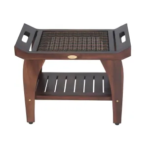 DecoTeak Tranquility 24" Teak Eastern Style Shower Bench with Viro Indoor or Outdoor Rattan Top and Shelf