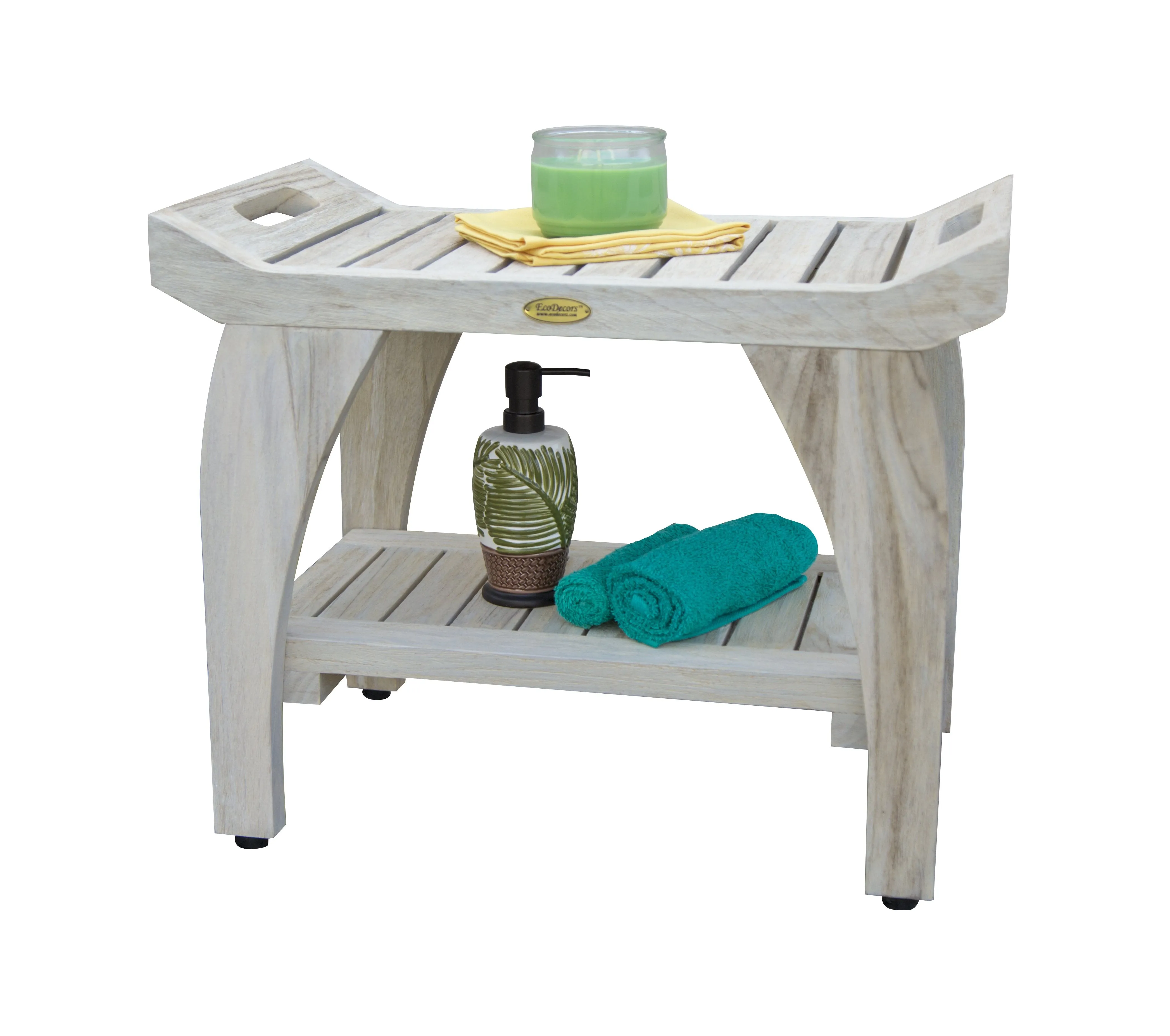 EcoDecor Coastal Vogue White Wash Satori 18" Eastern Style Teak Shower Bench with Shelf