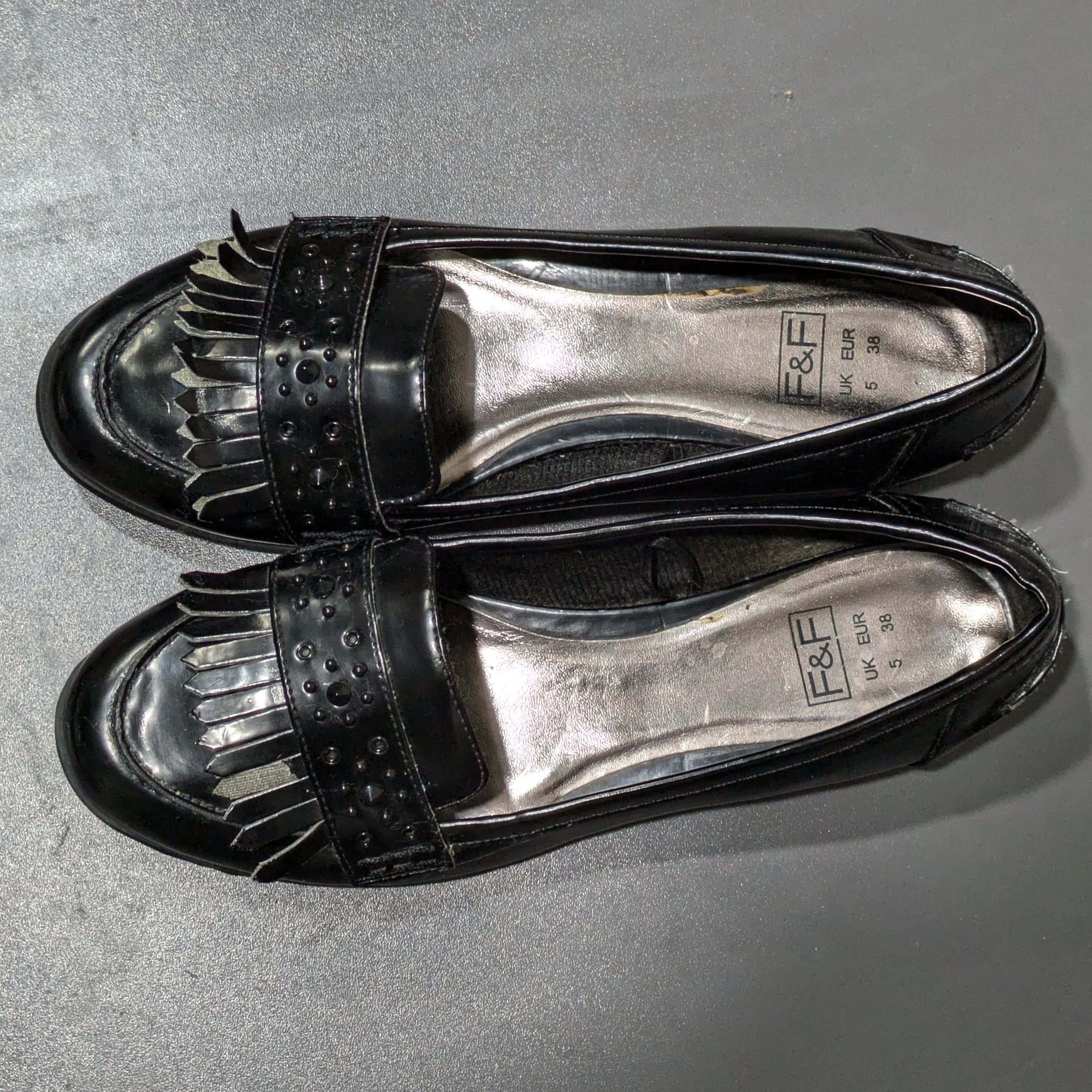 F&F Tesco Black Patent Leather Motionflex Loafers Size UK 5 / EU 38 / US 7