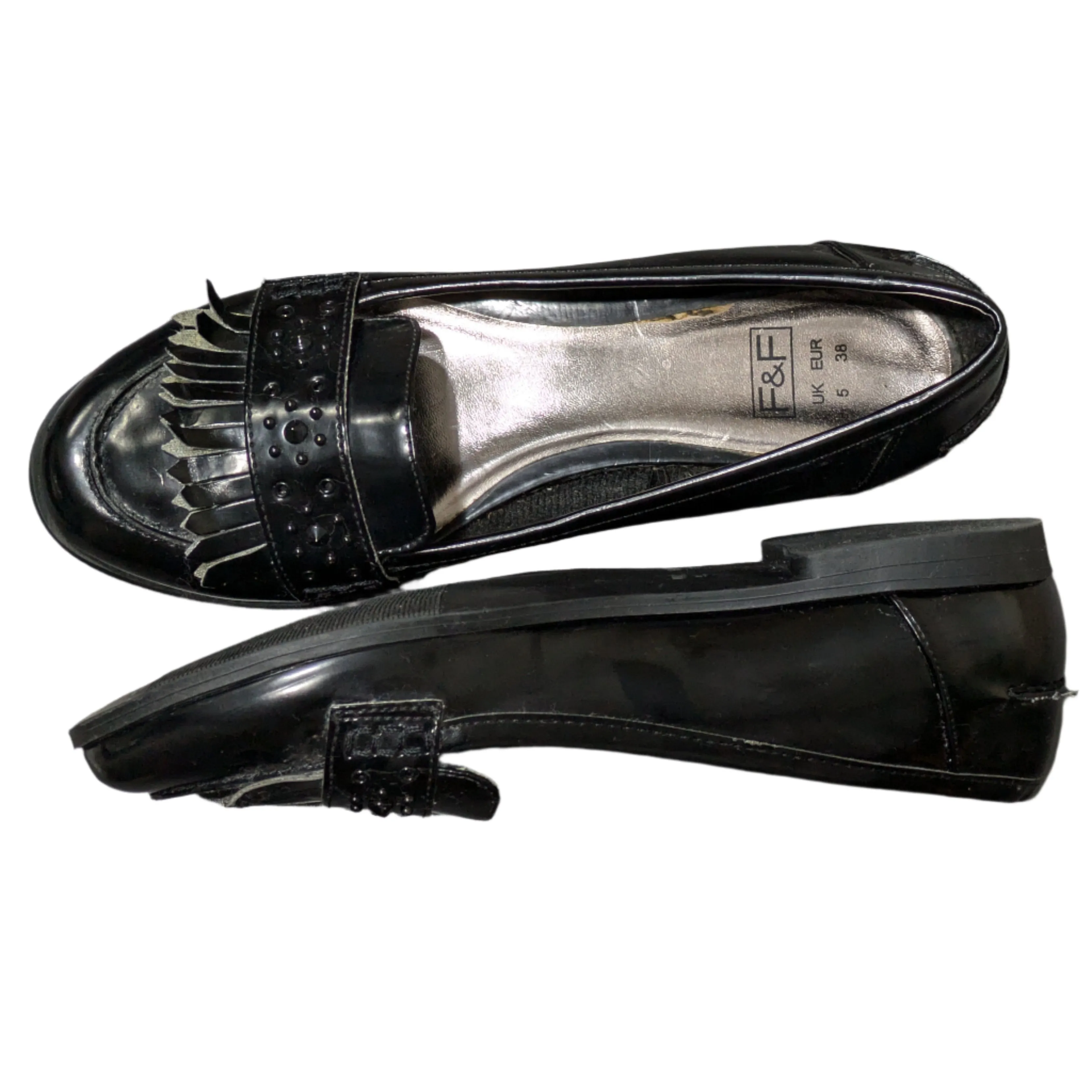 F&F Tesco Black Patent Leather Motionflex Loafers Size UK 5 / EU 38 / US 7