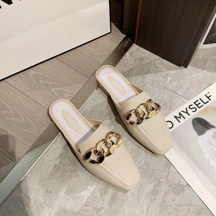 Finn Chain Pointed Toe Mule Heel-Free Square Toe Half Slippers Metal Buckle Thick Heel Toe Box Lazy Shoes