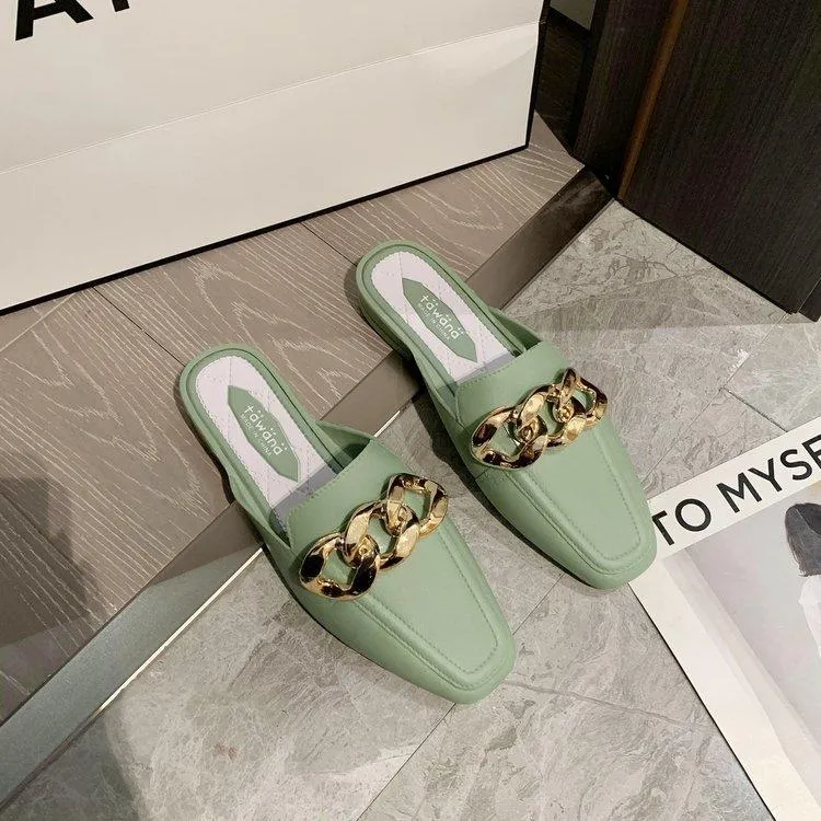 Finn Chain Pointed Toe Mule Heel-Free Square Toe Half Slippers Metal Buckle Thick Heel Toe Box Lazy Shoes