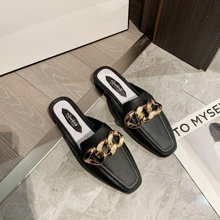Finn Chain Pointed Toe Mule Heel-Free Square Toe Half Slippers Metal Buckle Thick Heel Toe Box Lazy Shoes