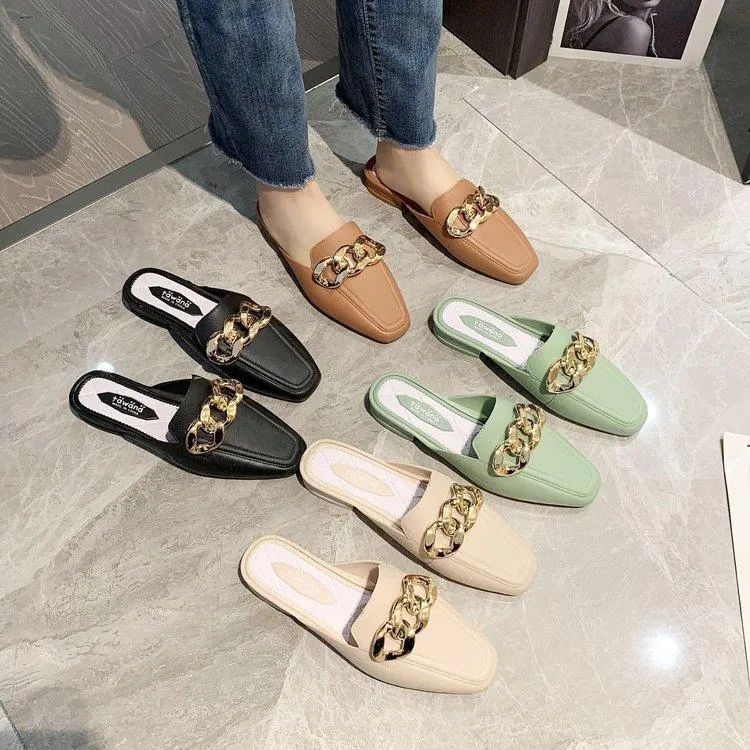 Finn Chain Pointed Toe Mule Heel-Free Square Toe Half Slippers Metal Buckle Thick Heel Toe Box Lazy Shoes