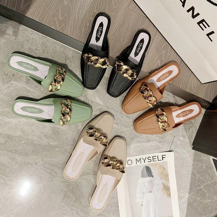 Finn Chain Pointed Toe Mule Heel-Free Square Toe Half Slippers Metal Buckle Thick Heel Toe Box Lazy Shoes
