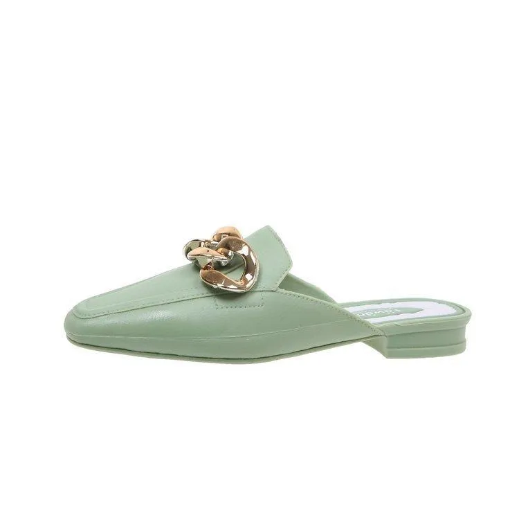 Finn Chain Pointed Toe Mule Heel-Free Square Toe Half Slippers Metal Buckle Thick Heel Toe Box Lazy Shoes