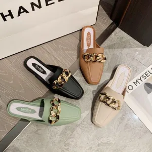 Finn Chain Pointed Toe Mule Heel-Free Square Toe Half Slippers Metal Buckle Thick Heel Toe Box Lazy Shoes