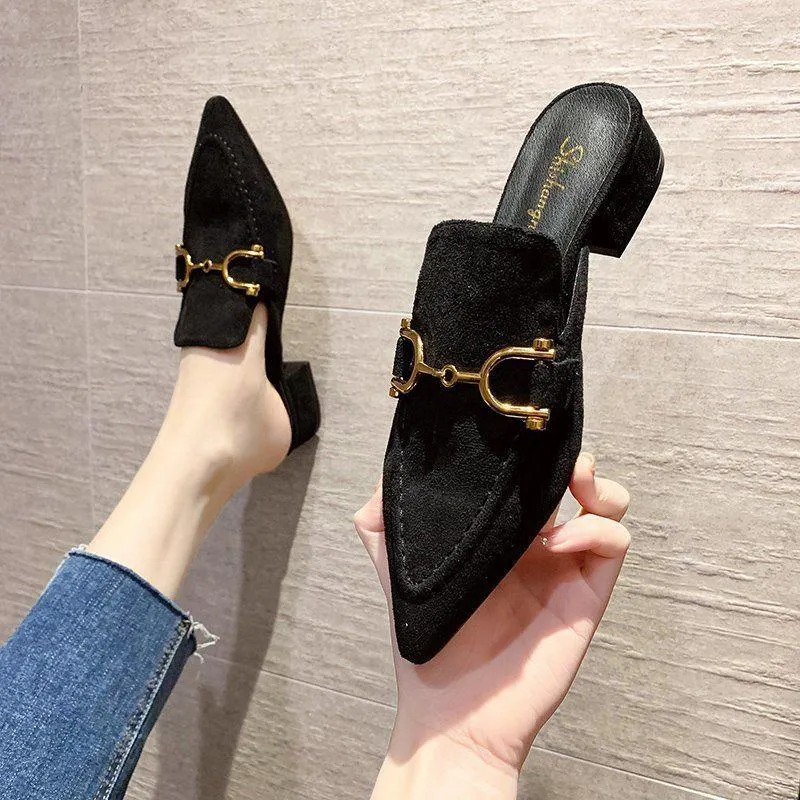Finn Chain Pointed Toe Mule Spring Pointed-Toe Semi-Slippers Women's Chunky Heel