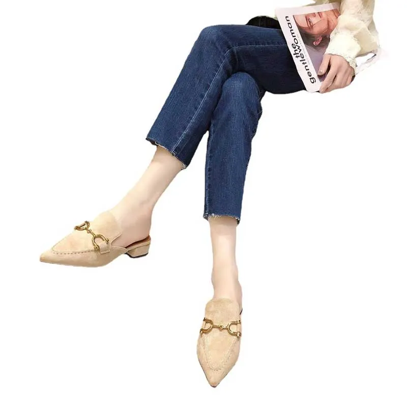 Finn Chain Pointed Toe Mule Spring Pointed-Toe Semi-Slippers Women's Chunky Heel