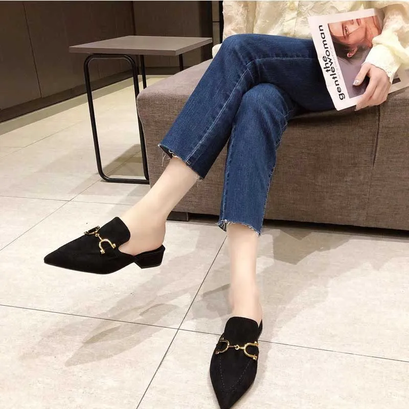 Finn Chain Pointed Toe Mule Spring Pointed-Toe Semi-Slippers Women's Chunky Heel