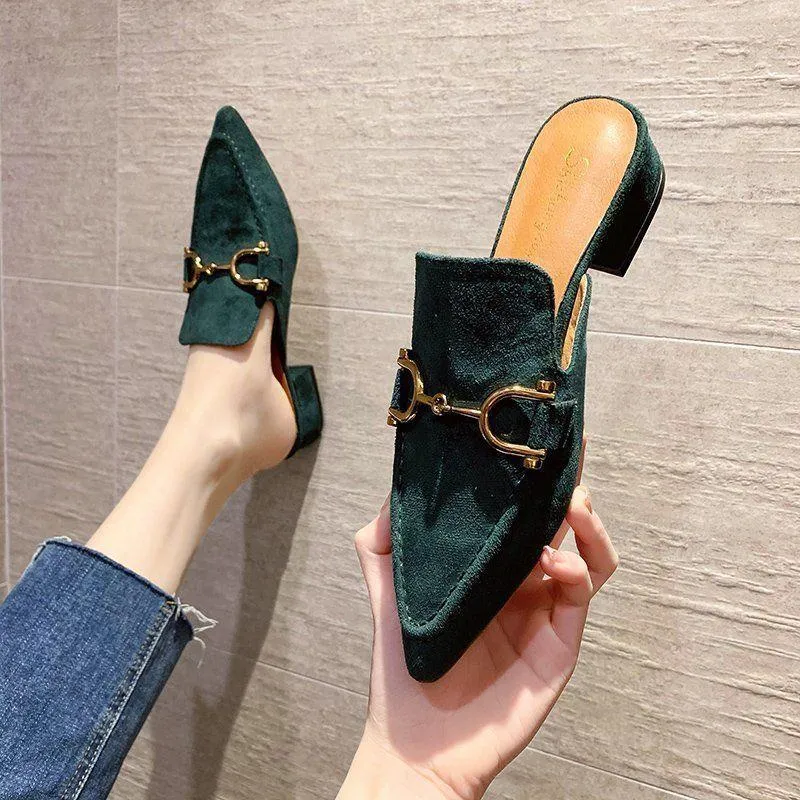 Finn Chain Pointed Toe Mule Spring Pointed-Toe Semi-Slippers Women's Chunky Heel
