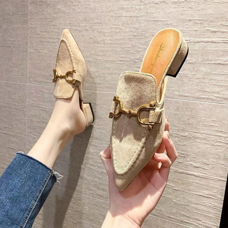 Finn Chain Pointed Toe Mule Spring Pointed-Toe Semi-Slippers Women's Chunky Heel