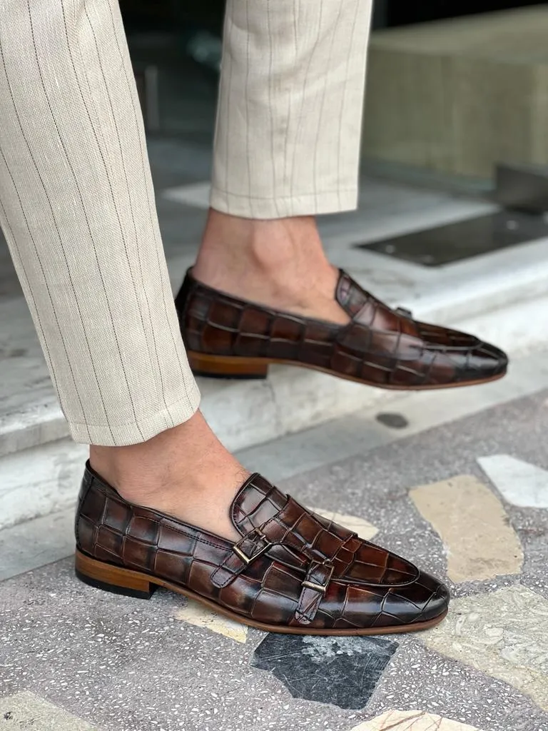 GentWith Tampa Brown Crocodile Pattern Monk Strap Loafers - GENT WITH