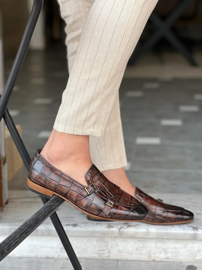 GentWith Tampa Brown Crocodile Pattern Monk Strap Loafers - GENT WITH