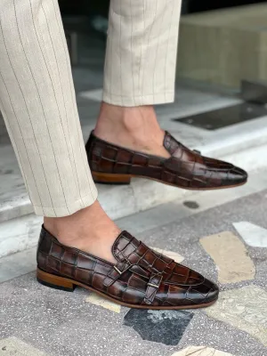 GentWith Tampa Brown Crocodile Pattern Monk Strap Loafers - GENT WITH