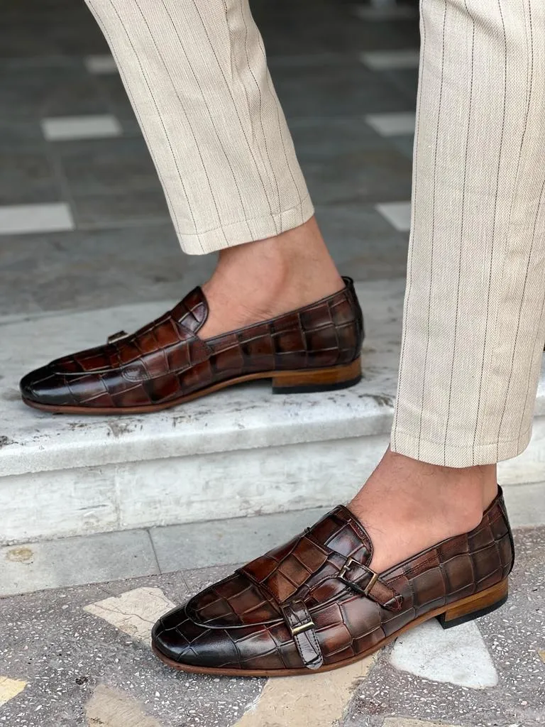 GentWith Tampa Brown Crocodile Pattern Monk Strap Loafers - GENT WITH