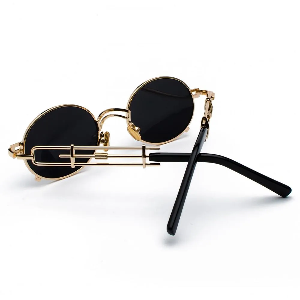 Gold Black Retro Steampunk Unisex Round Vintage Metal Frame Oval Sunglasses
