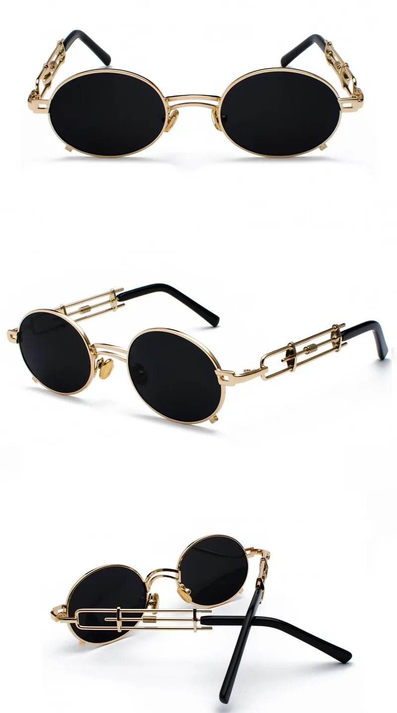 Gold Black Retro Steampunk Unisex Round Vintage Metal Frame Oval Sunglasses