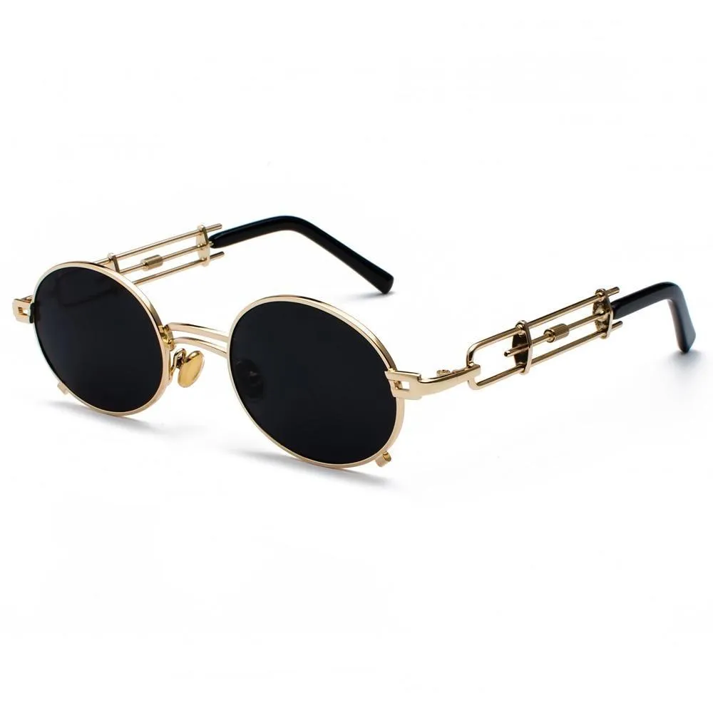 Gold Black Retro Steampunk Unisex Round Vintage Metal Frame Oval Sunglasses