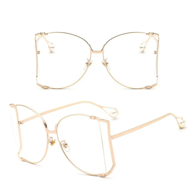 Half Frame Hollow Fashion Gold Transparent Square Sunglasses for Women