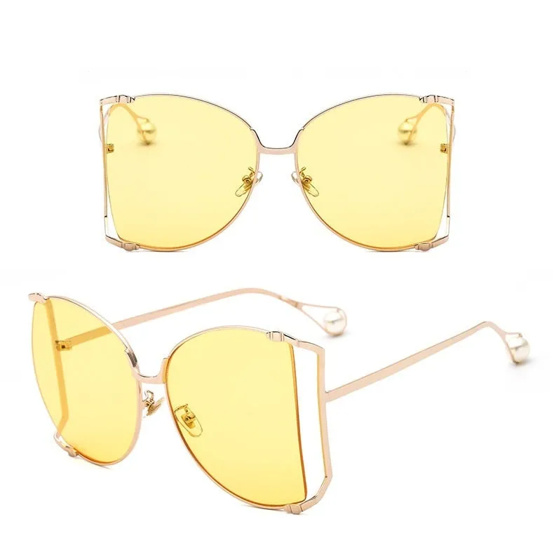 Half Frame Hollow Fashion Gold Transparent Square Sunglasses for Women