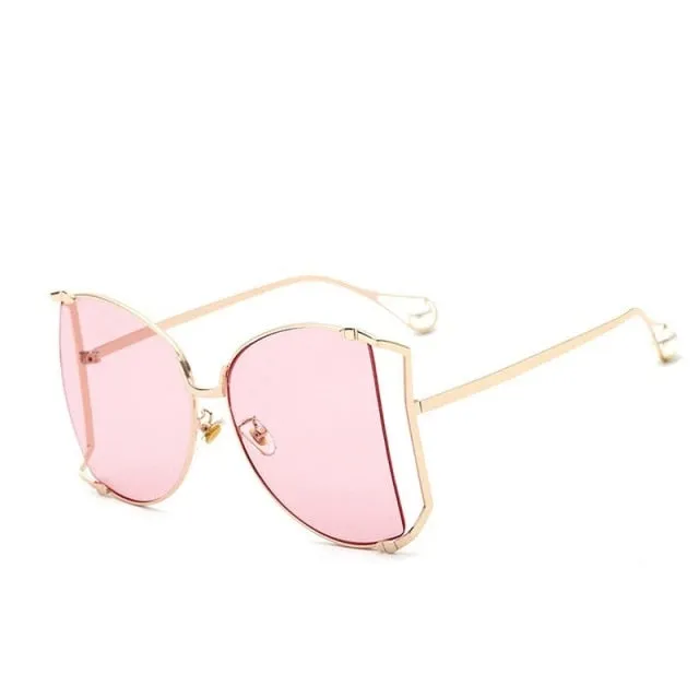 Half Frame Hollow Fashion Gold Transparent Square Sunglasses for Women