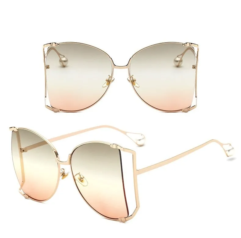 Half Frame Hollow Fashion Gold Transparent Square Sunglasses for Women