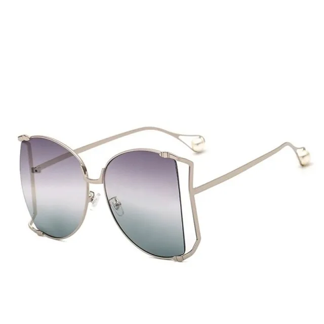 Half Frame Hollow Fashion Gold Transparent Square Sunglasses for Women