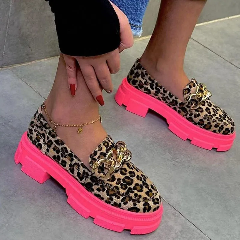 Halloween Joskaa Women Leopard Sport Flats Shoes Chunky Platform Chain Mary Janes Shoes Sandals Summer 2024 New Casual Ladies Shoes Mujer Zapatos